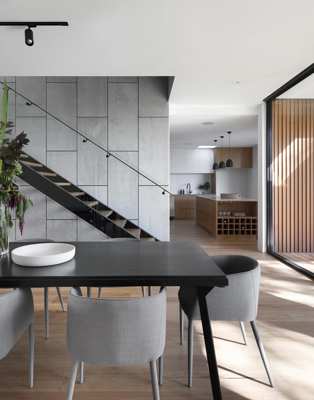 Stone and oak interior of the Meridian Penthouse